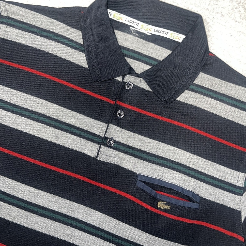 VTG Lacoste Shirt Men's Sz L Black Gray Striped Polo Metal Logo Pocket 90s